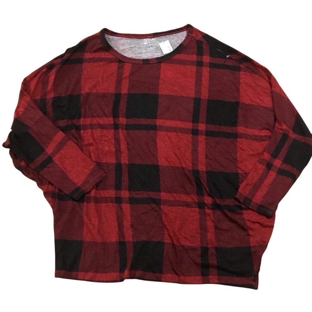 Maurices Shirt XL Womens Red Black Buffalo Plaid  Batwing Top Relaxed Fit